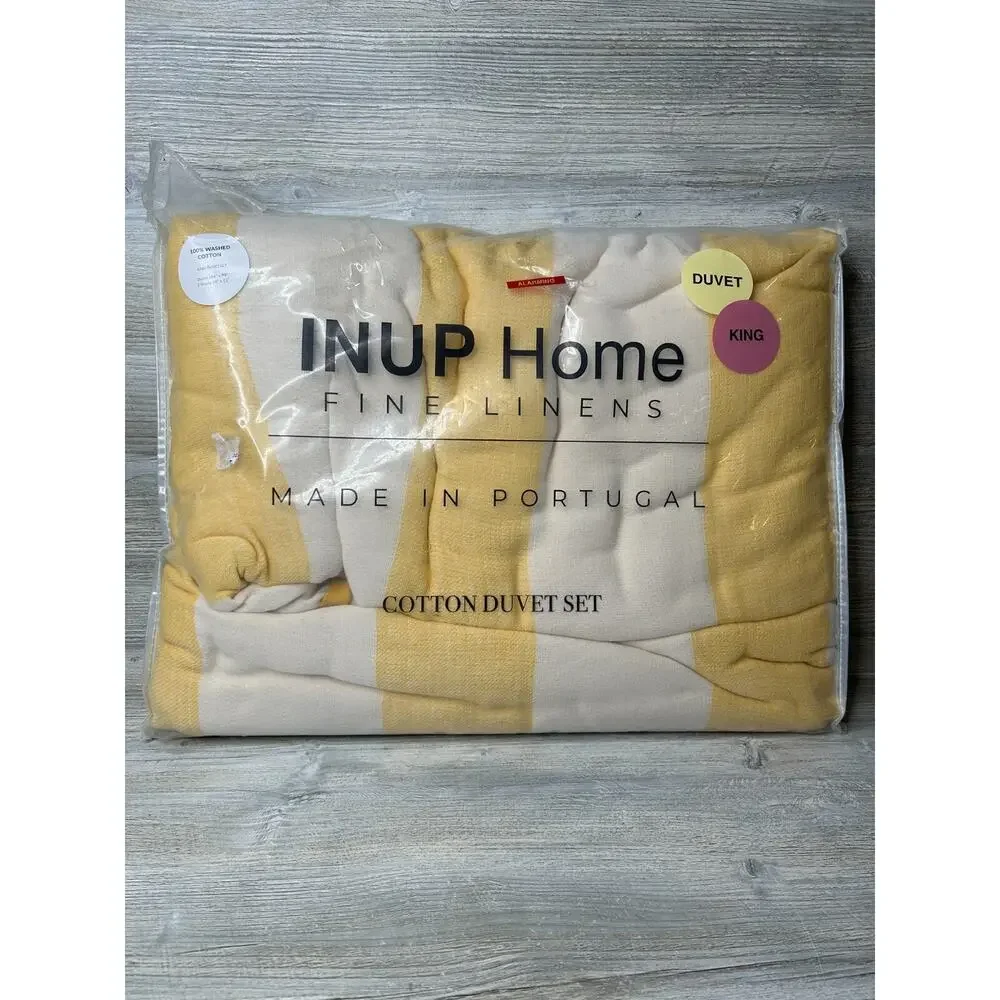 Inup Home Fine Linens King Duvet Sham 3pc Set Cotton Yellow Stripe Portugal New